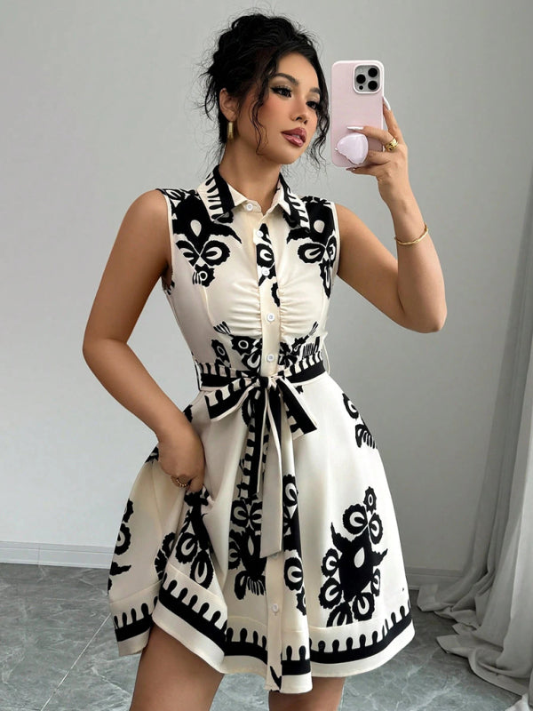 Women's Vintage Style Boho Print Waist Tie Mini Dress