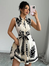 Women's Fashion Printed Waist Tie Sleeveless Dress