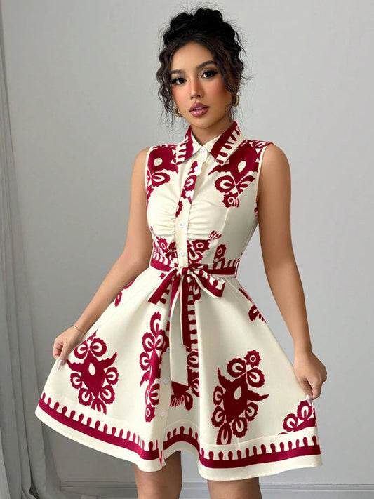 Women's Vintage Style Boho Print Waist Tie Mini Dress