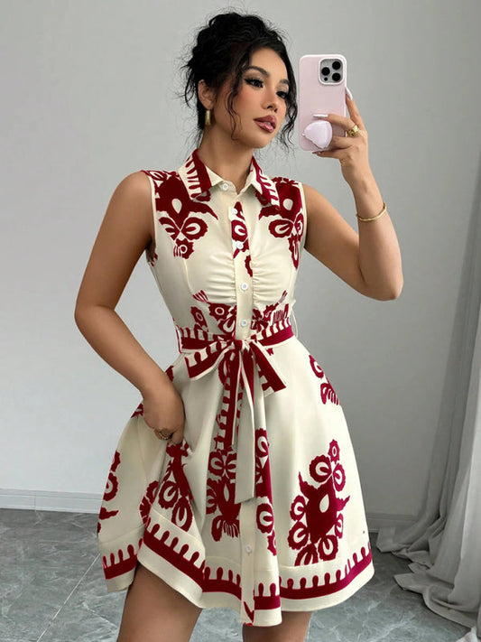 Women's Vintage Style Boho Print Waist Tie Mini Dress