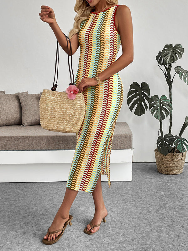 Colorful striped 70's Inspired Crochet Crew Neck Sleeveless Slim Dress