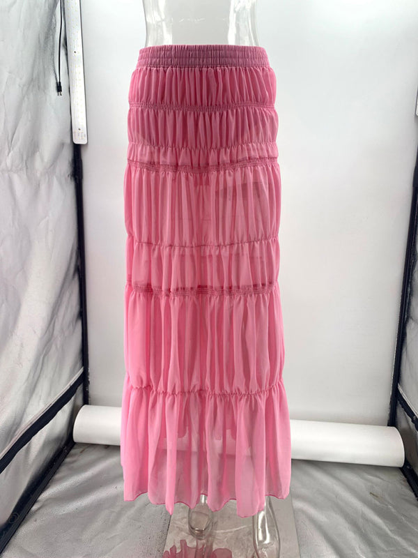 Pleated Hippie Style See-Through Pink Maxi Skirt (with safety pants)
