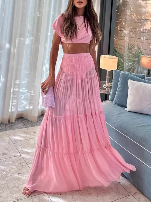 Pleated Hippie Style See-Through Pink Maxi Skirt (with safety pants)