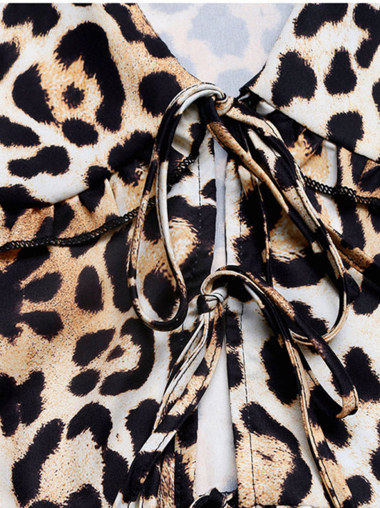 Leopard Print Retro Style Double Tie Front Blouse