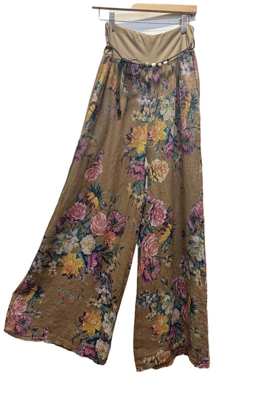Italian Linen Pants Peony Pattern