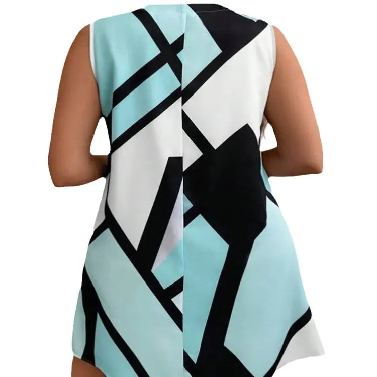 Retro Mod-Style Geometric Print V-Neck Sleeveless Dress