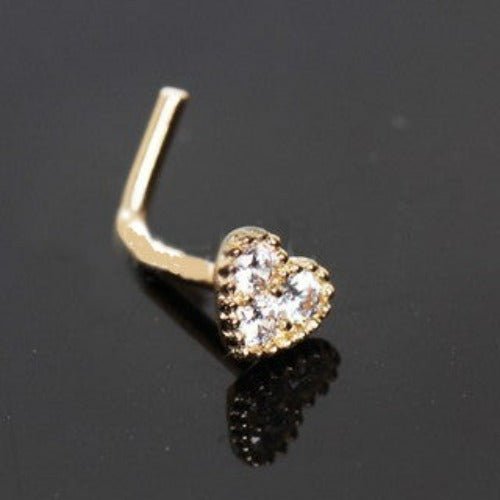 14Kt Yellow Gold Clear CZ Heart L Bend Nose Ring-0