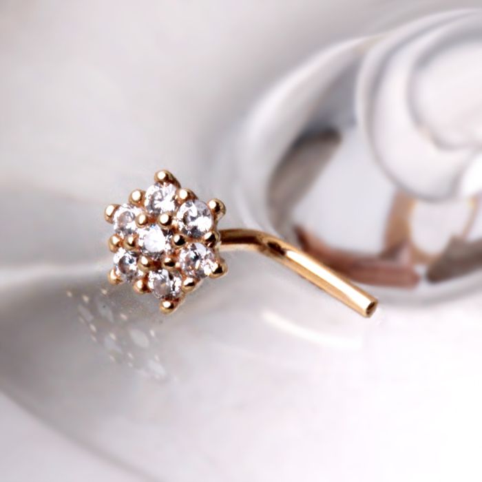 14Kt Yellow Gold Clear CZ Flower L Bend Nose Ring-0