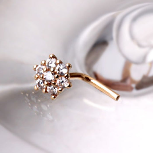 14Kt Yellow Gold Clear CZ Flower L Bend Nose Ring-0