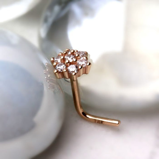 14Kt Yellow Gold Clear CZ Flower L Bend Nose Ring-1