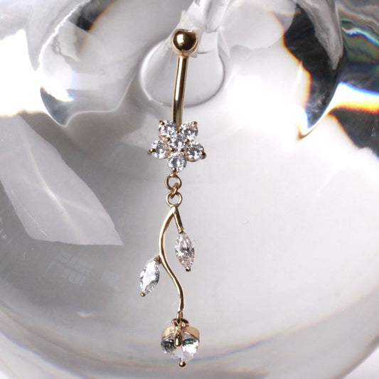 14Kt Yellow Gold Navel Ring with Flower & Vine-0