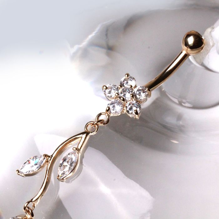 14Kt Yellow Gold Navel Ring with Flower & Vine-1