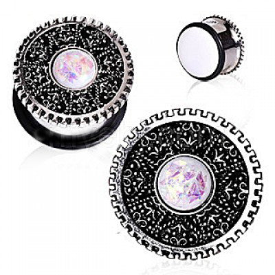 316L Surgical Steel Steampunk Intricate Gear with Opal Plug-0