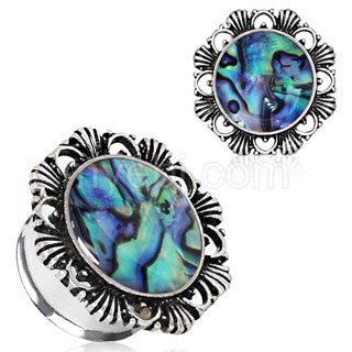 316L Stainless Steel Ornate Plug with Natural Abalone Inlay-1