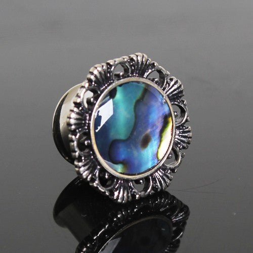 316L Stainless Steel Ornate Plug with Natural Abalone Inlay-0