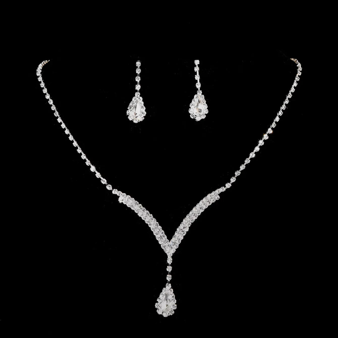 Bridal Jewelry Set with V-Neck Drop Pendant and Earrings