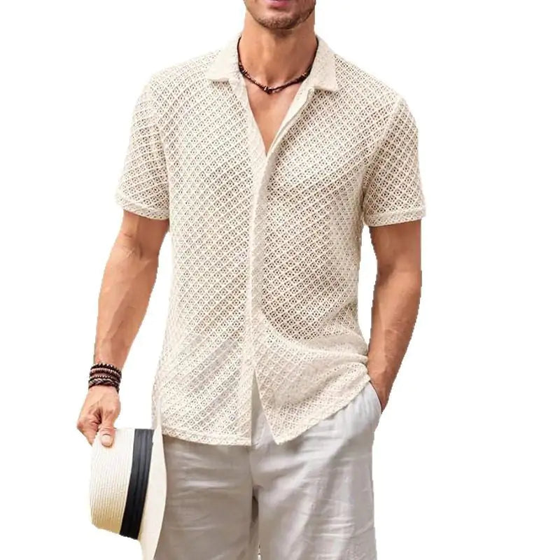 Vintage Style Summer Mesh Short Sleeve Shirt  Men Clothing