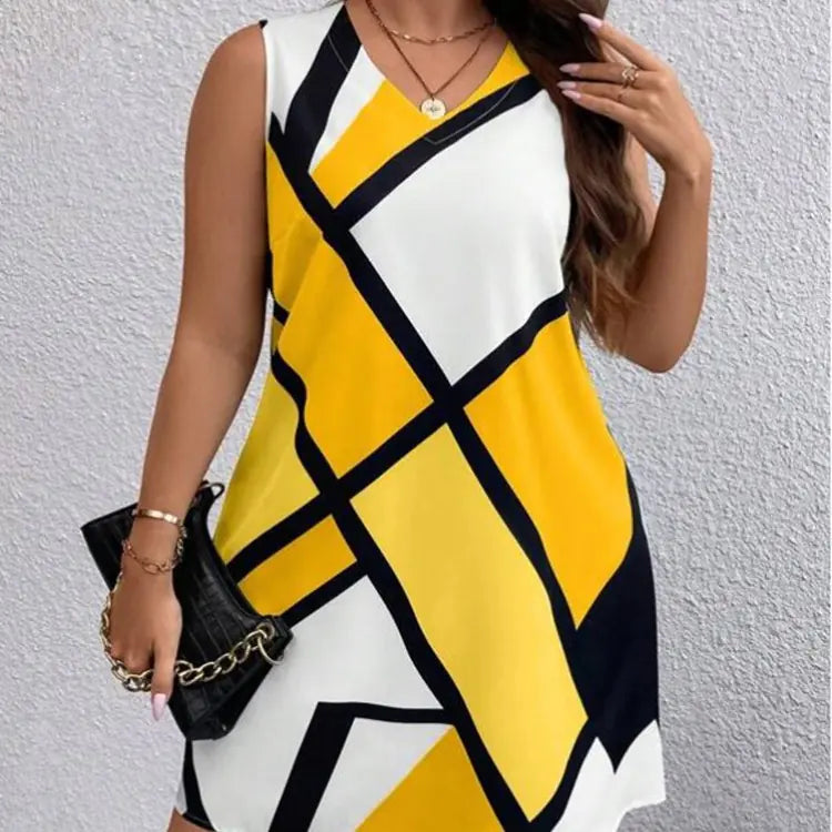Retro Mod-Style Geometric Print V-Neck Sleeveless Dress