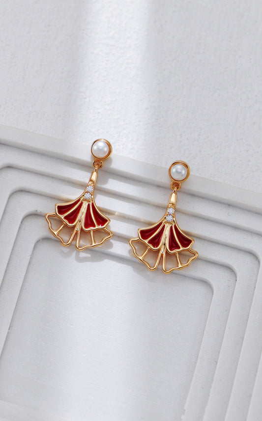 Ginkgo Leaf Red Glaze Drop Earrings-0