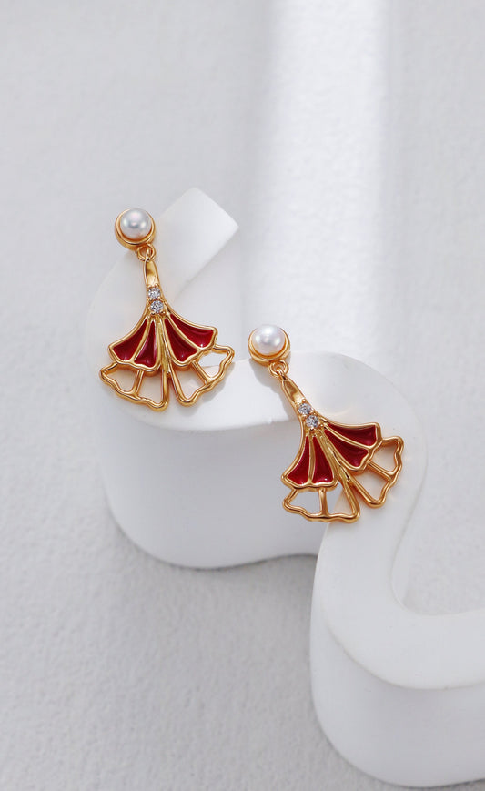 Ginkgo Leaf Red Glaze Drop Earrings-1
