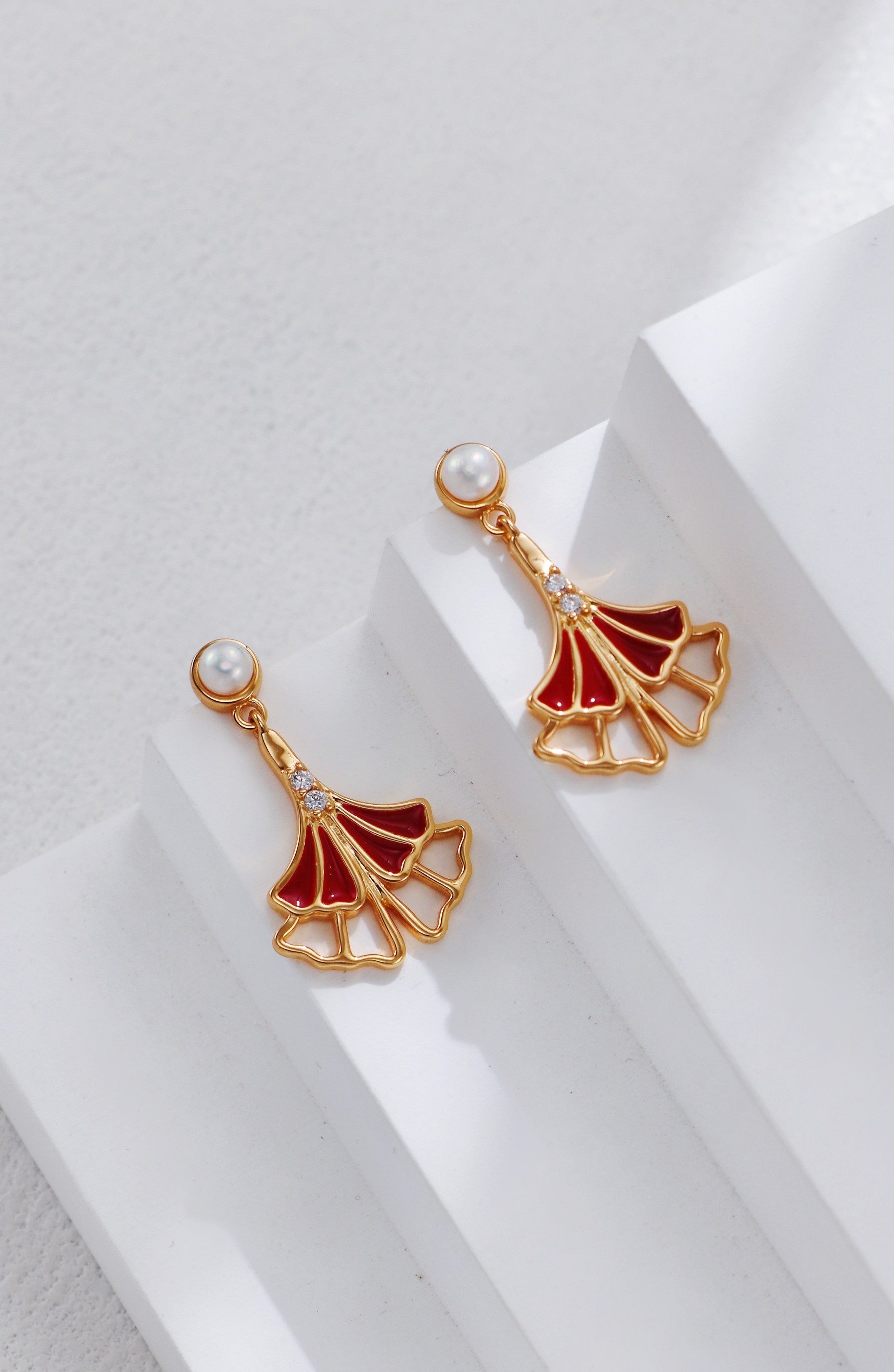Ginkgo Leaf Red Glaze Drop Earrings-2