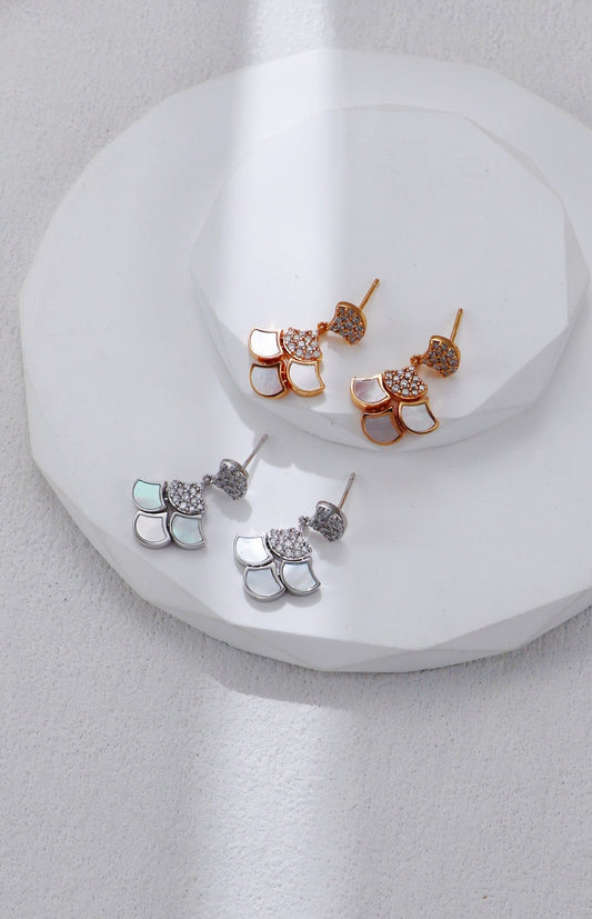 Silver-White Shell Zircon Earrings-1
