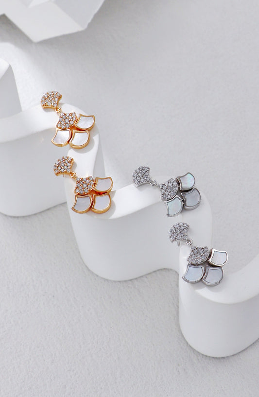Silver-White Shell Zircon Earrings-0
